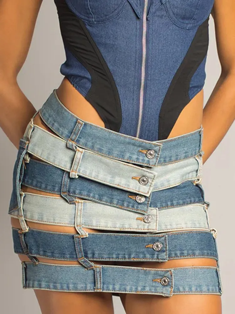 TWOTWINSTYLE Slimming Sexy Irregualar Skirt For Women High Waist Holloe Out Patchwork Buttons Temperament Denim Skirts Female
