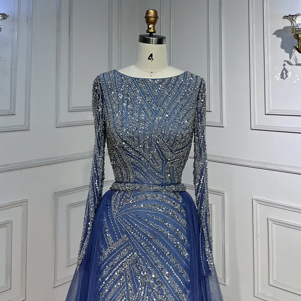 S82a8fe5bf45842a0acdf8dc2070ade1fd Dubai Mermaid Beaded Luxury Blue Muslim Evening Dresses Gowns with Detachable Skirt for Women Party Mallzona