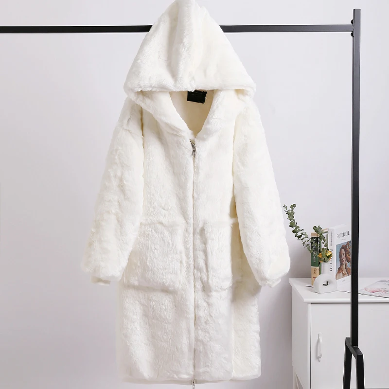 Winter Fashion Runaway Luxury Brand Long Faux Fur Coat Women Jacket Zip Hooded Thick Warm Fake Rabbit Fur Plush Overcoats