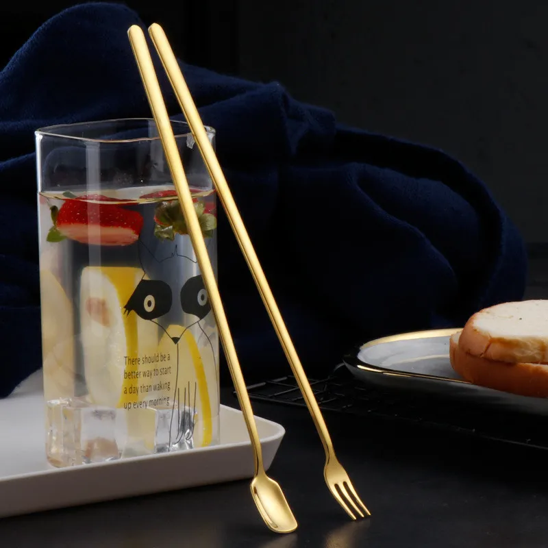 Stainless Steel Long Handle Bar Spoon Bartender Cocktail Stir Rod Gold Drinks Honey Mixing Spoons Fork Kitchen Accessories cocktail spoon
