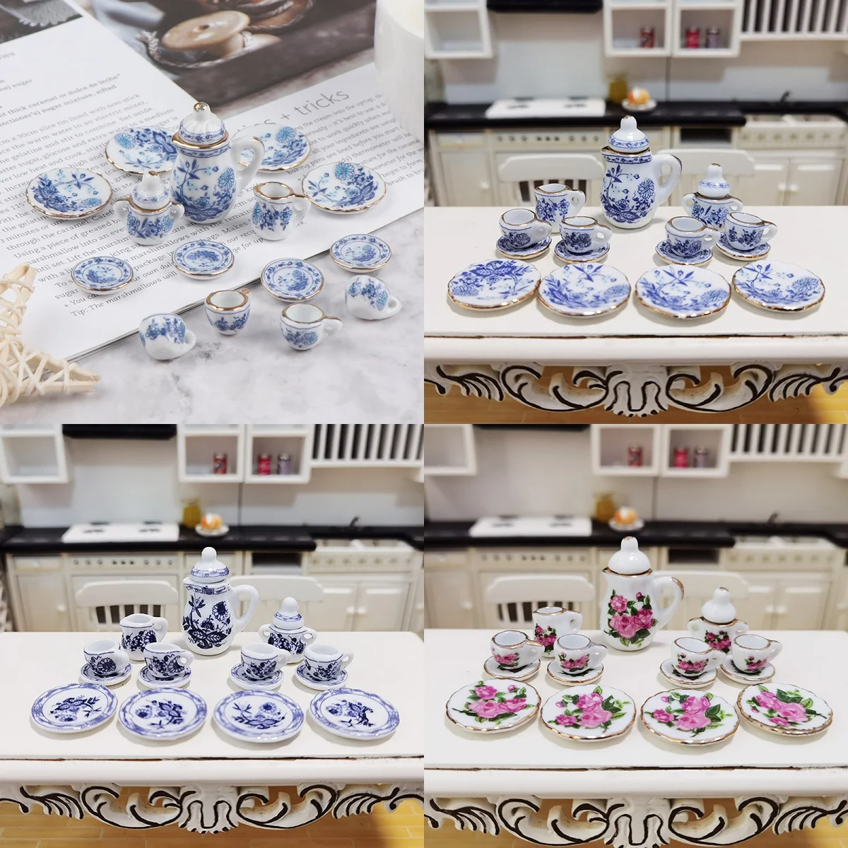 1Set 1/12 dollhouse miniature accessories miniature ornament miniature figurines mini ceramics tea set simulation kettle plate cup model toys doll home decoration gift