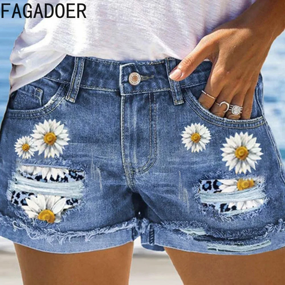 HLJ Summer New Printing Hole Denim Shorts Women High Waisted Button Pocket Slim Jean Fashion Female Cowboy Matching Bottoms 2024