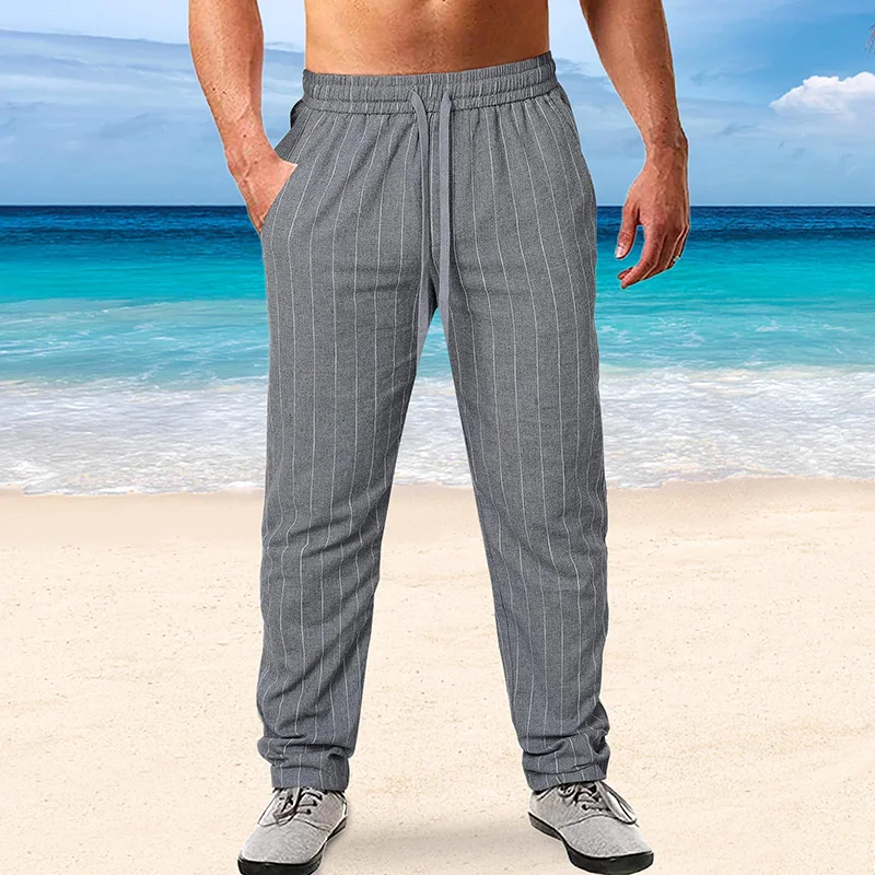 

Men Casual Trousers Striped Pants Slim Fit Cotton And Linen Mid Waist Elastic Waist Simple Classic Fashion Breathable Pants