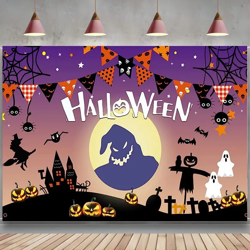 Halloween Photography Fondale Flag Pumpkin Moon Ghost Head Nightmare Background Per Halloween Birthday Decoration Party Purple