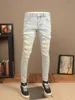 Light Color Hole Jeans Men's Motorcycle Fashion Scrape Design Stretch Slim Fit Skinny Patch Washed Distressed Men's Pants 1