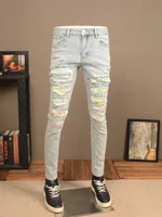 Light Color Hole Jeans Men's Motorcycle Fashion Scrape Design Stretch Slim Fit Skinny Patch Washed Distressed Men's Pants 1