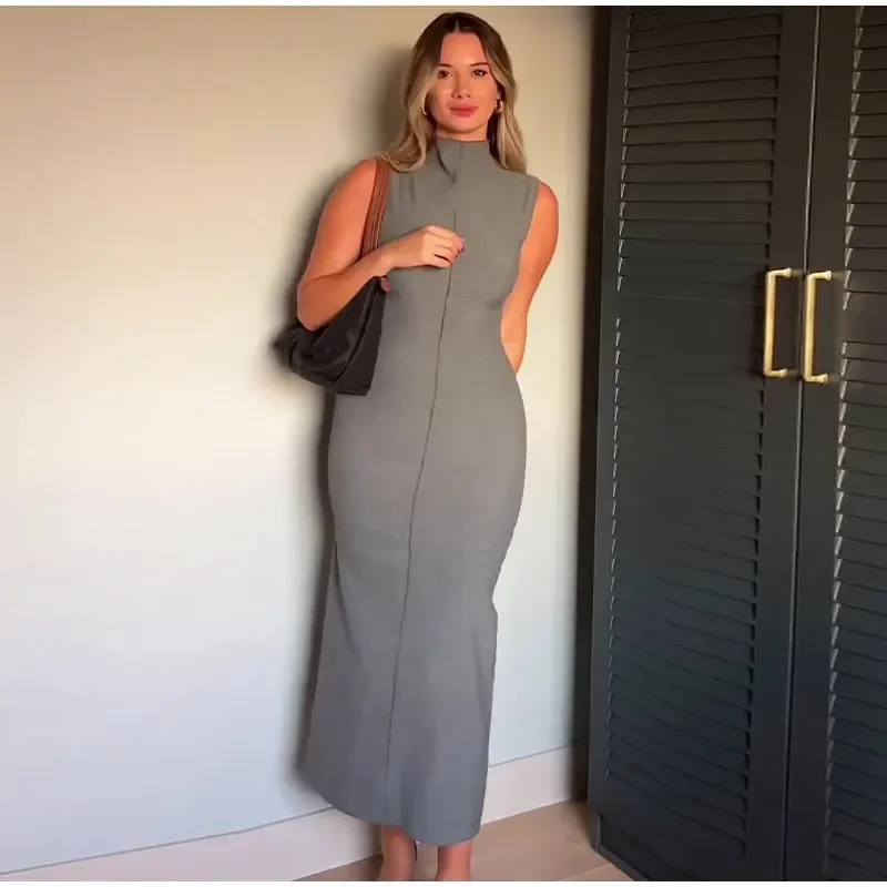 Vestido largo sin mangas con cuello alto y abertura en la espalda para mujer, recto, liso, ajustado, de cintura alta, con cremallera, otoño 2025