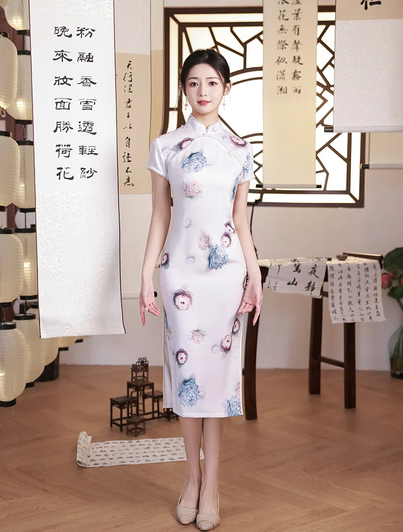 

Sexy Beaded Mandarin Collar Slim Floral Printed Satin Qipao Summer Short Sleeve Cheongsam Chinese Dress