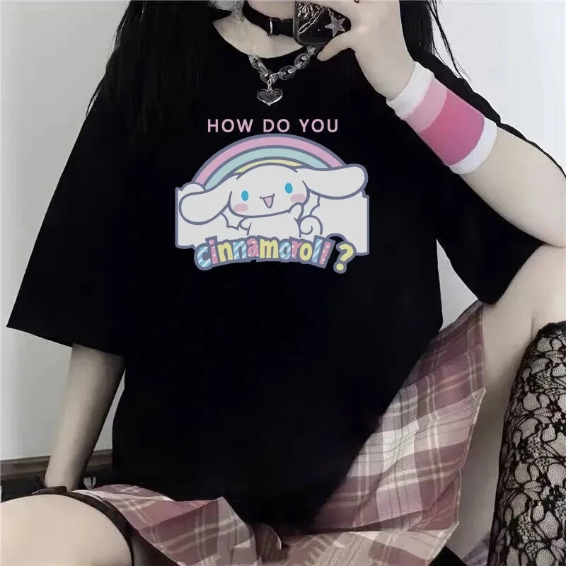

Kawaii Anime Sanrio Plush Toys Cinnamoroll Women T-Shirt Cotton Cartoon Print Short Sleeve Y2K Tops Girl Couple Harajuku T-shirt