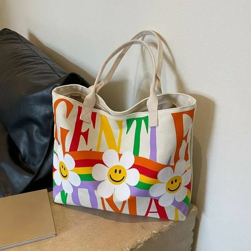 New Print Canvas Bag Fashion Zipper Handbag Shoulder Bag, Teen Girl School Bags, Large Capacity Tote Bag for Women, Work, Travel