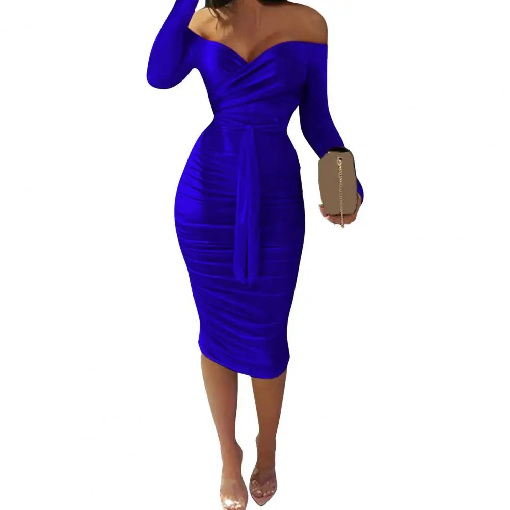 

Lady Midi Dress Set Solid Color Off-shoulder V Neck Slim Fit Sheath Bodycon Dresses for Women 2022 Prom Vestido