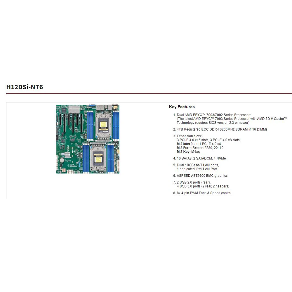 슈퍼마이크로 서버 마더보드용 H12DSi-NT6, 듀얼 EPYC 7003/7002 시리즈 프로세서