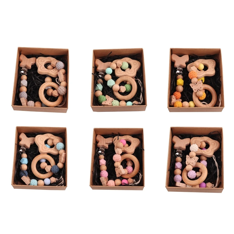 

2 Pcs Baby Rattle Wooden Pacifier Chain Baby Teething Bracelet Pacifier Montessori Teething Rings Gift for Baby 1560