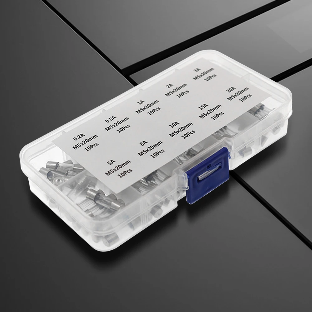 100Pcs Glass Tube Fuse Assorted Kit 5 * 20MM Fast-blow Glass Tube Fuse Amp 0.2A-20A Glass Fuse Assortment Pack with Storage Box