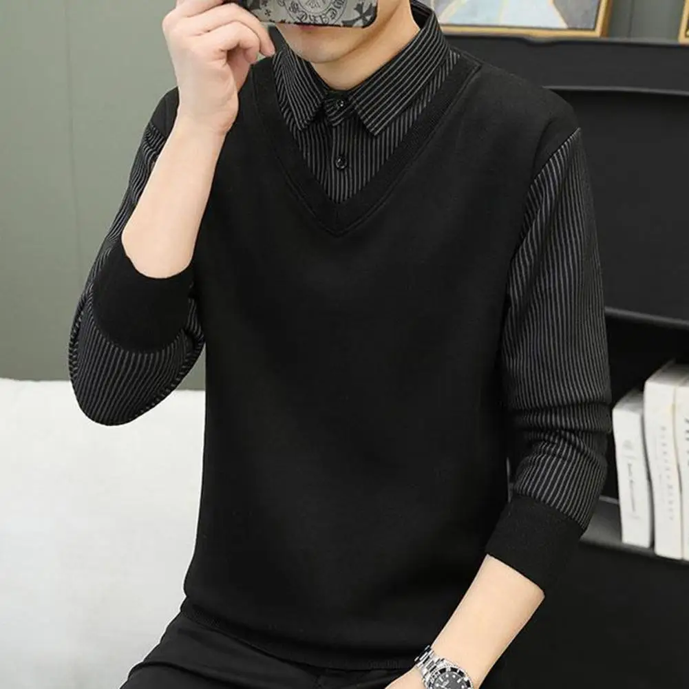 

Men Striped Pullover Men's Fall Winter Patchwork Sweater Vest Shirt Striped Button-up Thick Plush Warm Pullover with Lapel Long