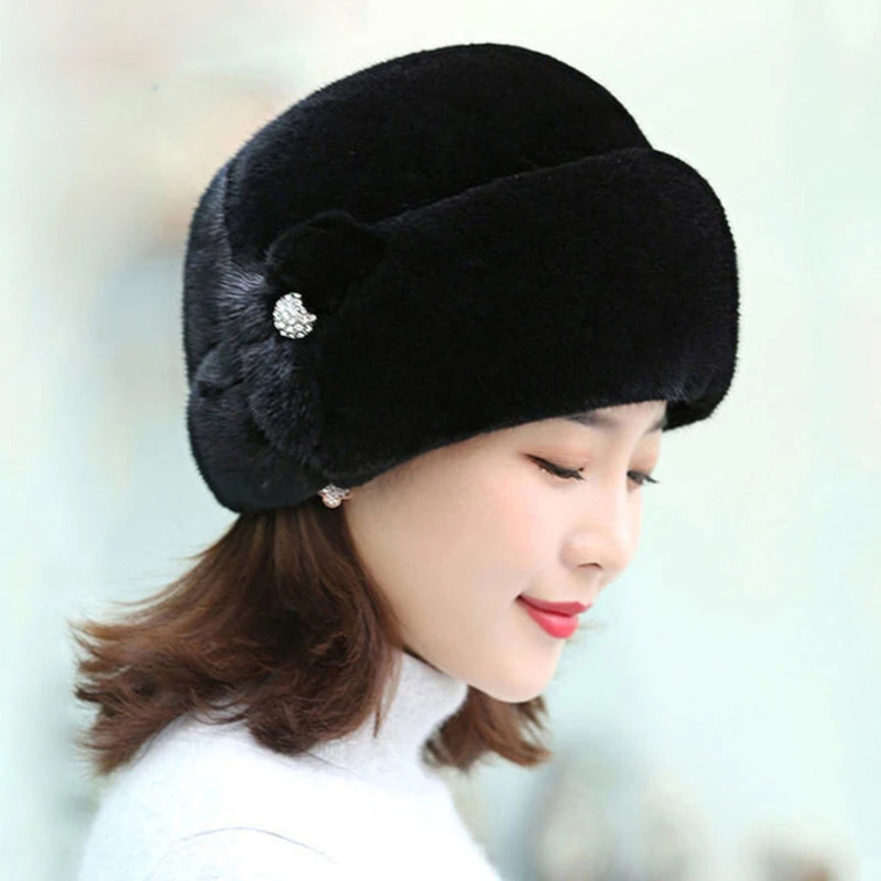 Winter Warm Imitation Mink Fur Caps For Women Earflap Fisherman Earwarmer Hat Floral Basin Cap winter hat fur hat knitted earflap hat