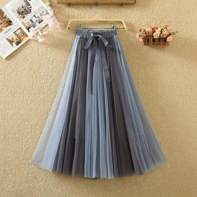 

Юбка женская трапециевидная длинная из фатина, Элегантная универсальная сетчатая юбка с завышенной талией и градиентом, в стиле пэчворк, весна-лето