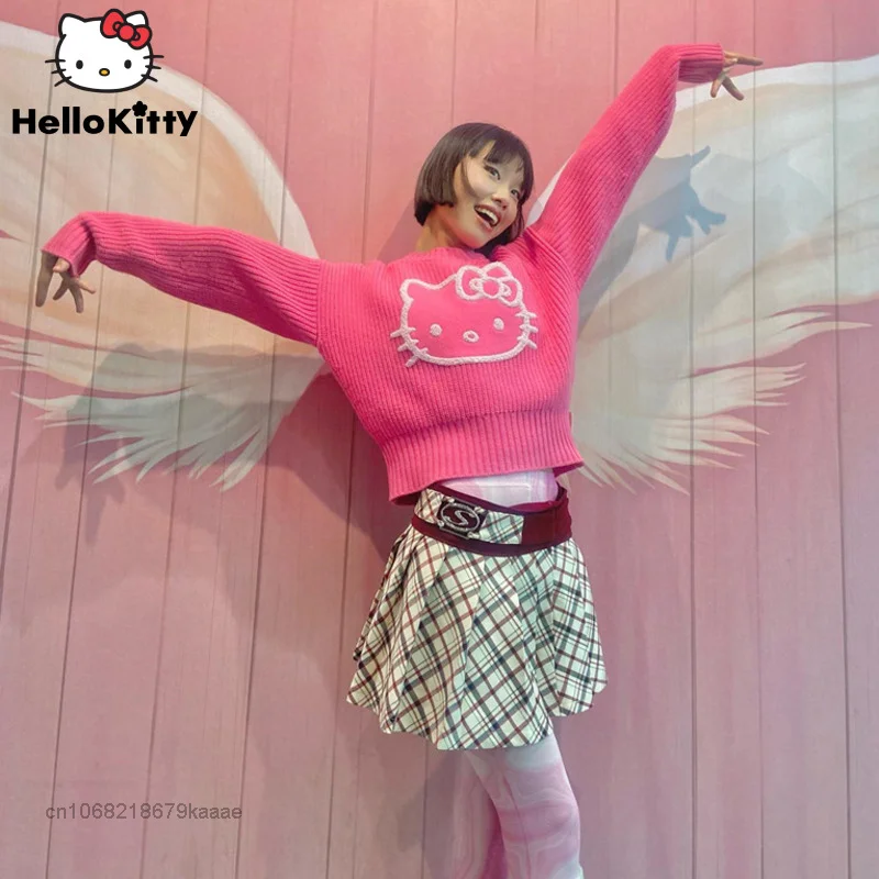

Новинка, свитер Sanrio с Hello Kitty Y2k, осенняя одежда, женские розовые облегающие Короткие топы, модные эстетичные пуловеры, женские вязаные свитер...