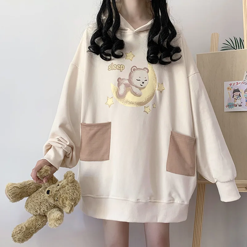 Women Harajuku Sweatshirt Cute Teddy Bear Hoodie Sweatshirts Woman Black Oversized Plush Vintage Kawaii Clothes White Streetwear