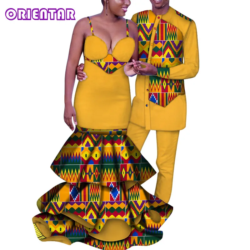 

Fashion African Clothes for Couples Off Shoulder Dress and Men Suits African Print Clothes Women Long Mermaid Dress WYQ402