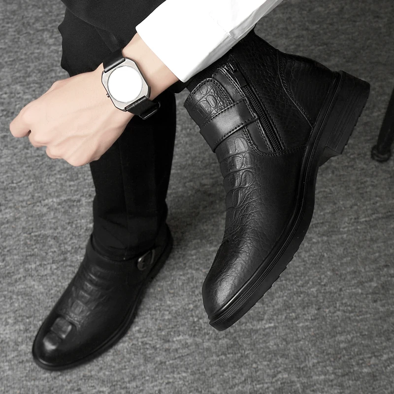 Winter Boots New Luxury Brand Plus Hair Men Boots High Top Crocodile Leather Shoes Men Business Ankle Leather Snow