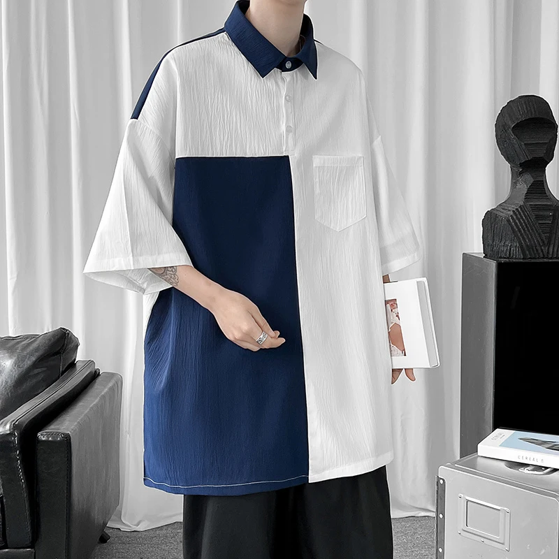 Patchwork Black White Ice Silk Japanese Harajuku Short Sleeve Shirt Men Oversized Blouse Summer Polo Fashion Casual New 2023 Top