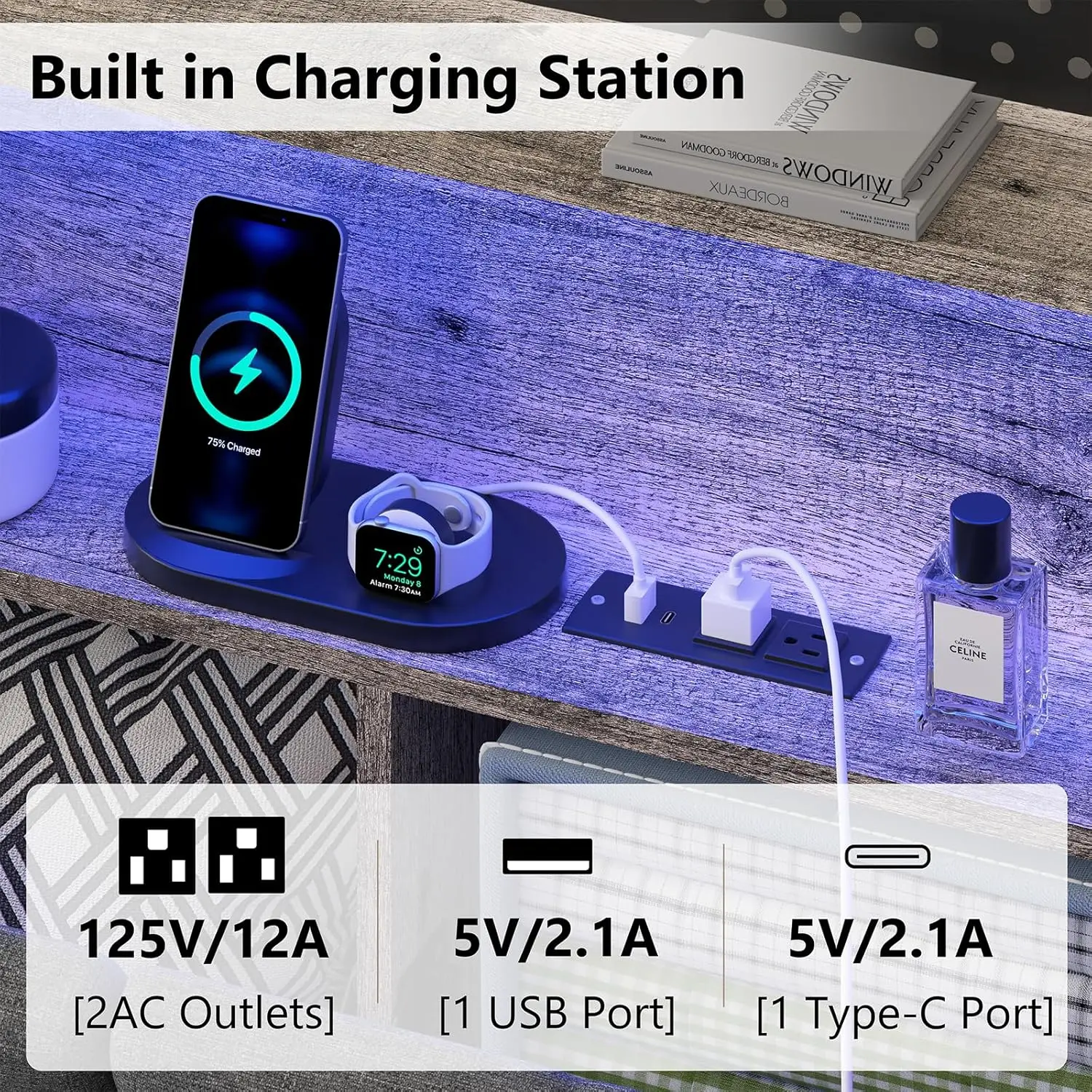 Description Picture 5 of itemKing Size Bed Frame and Bookcase Storage Headboard, LED Upholstered Bed Frame King with Charging Station