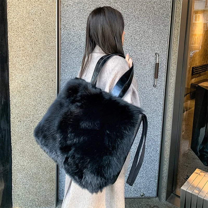 Autumn New Korean Edition Tote Bag Imported Full Skin Fox Hair Large Capacity Women's Fashion Work Handbag 2023