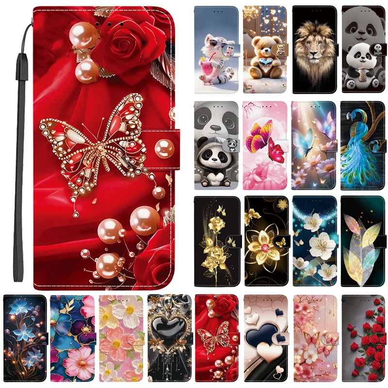 Elegant Colored Flower Wallet Phone Case - Magnetic Flip Leather Cover with Cute 3D Pattern