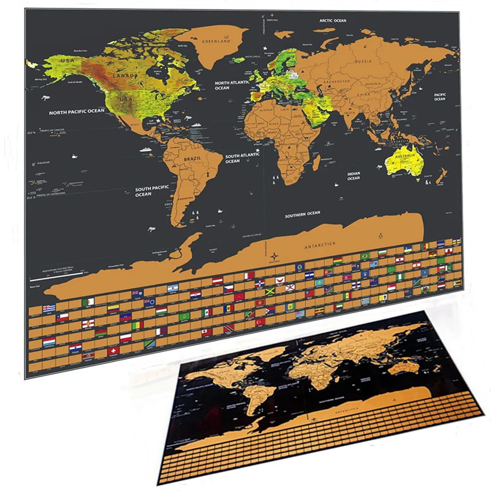 

Drop shipping Deluxe World Scratch Maps With National Flag, Gold Foil Black Scratch Travel Maps Wipe Foil Coating Maps Poster Q0