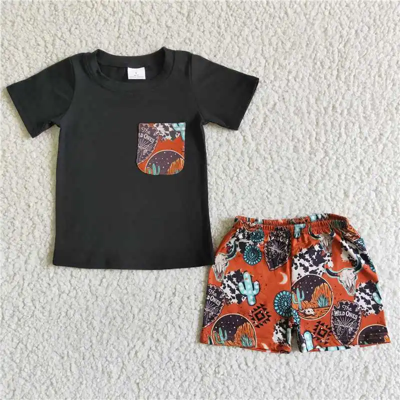 

Toddler Wholesale Summer Fashion Black Pocket Short Sleeve Cactus Sheephead Baby Boys Children Boutique Outfits Clothing Sets