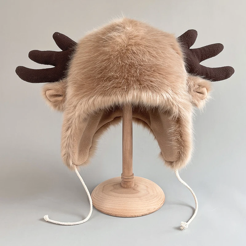 Women's Hat Elk Antler Fur Hat Men's and Women's Winter Warm Eardeer Deer Hat European and American Windproof Warm Cotton Hat