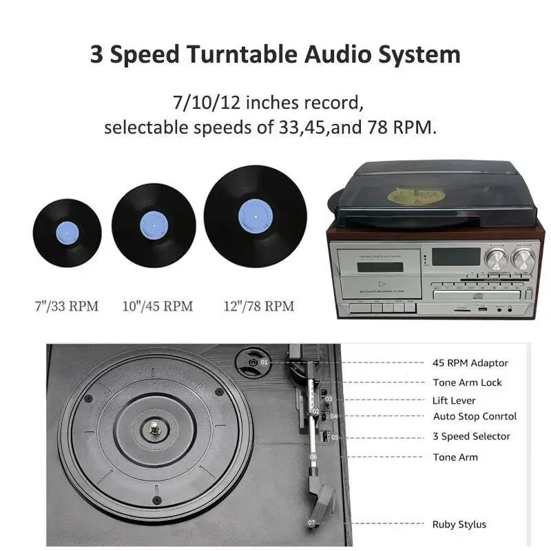 다기능 목재 비닐 레코드 플레이어, 올인원 홈 오디오 시스템, CD 카세트 턴테이블, AM FM 라디오 USB