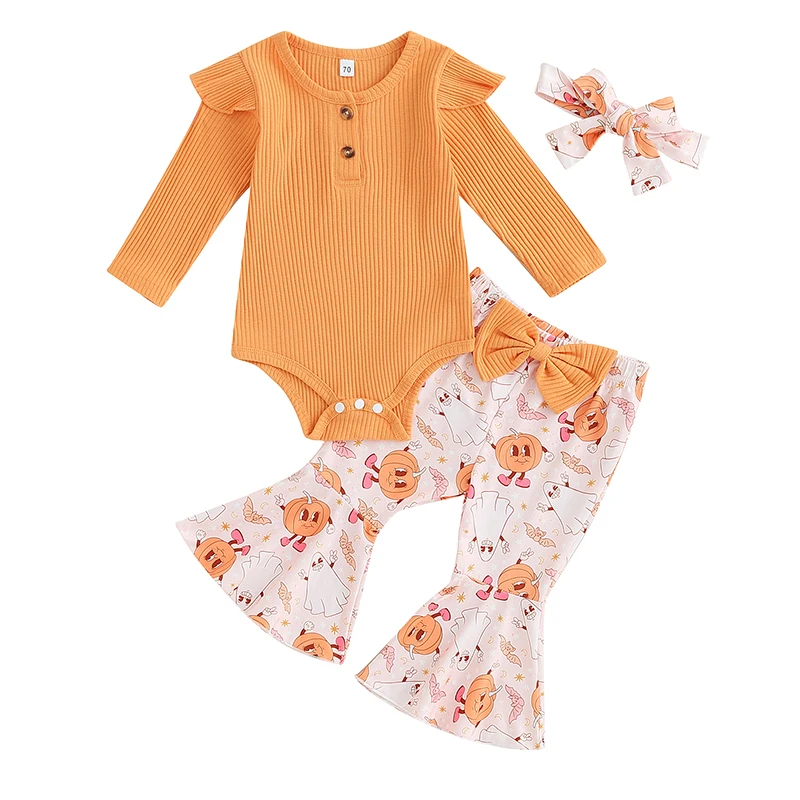 

Newborn Baby Girl Halloween Outfit Infant Rib Frill Long Sleeve Romper Pumpkin Bell Bottom Pants Headband Set