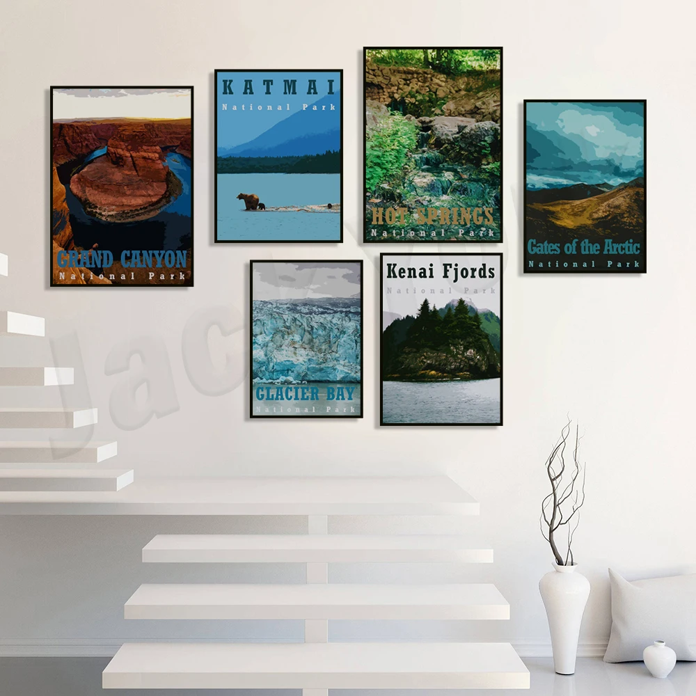 Póster de viaje de portones of the Arctic, Cactus, Katmai, Elias, Glacier Bay, Parque Nacional del Bosque Petrificado, arpillera, Utah