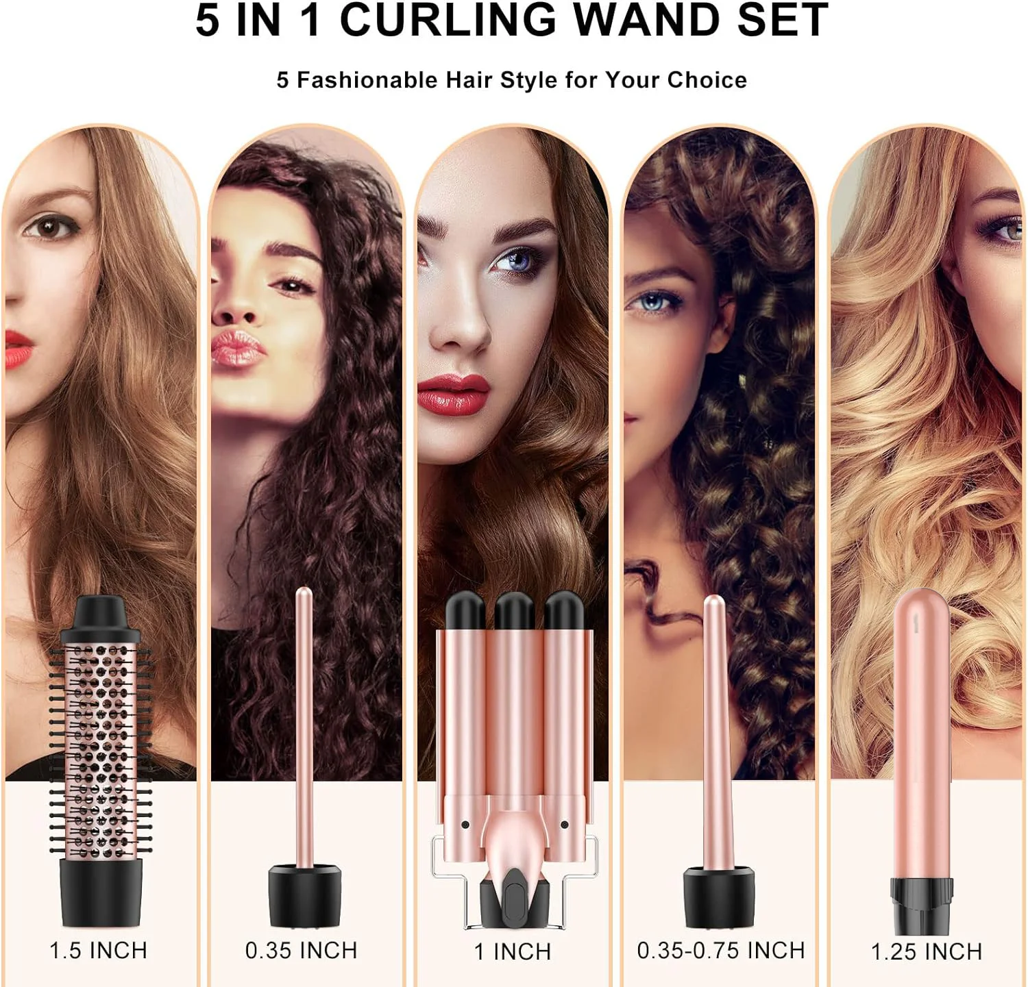 Professional Curling Iron Set 5 in 1 Hair Waver Curling Iron Interchangeable Triple Barrel and Electric Brushes for Hair Tools