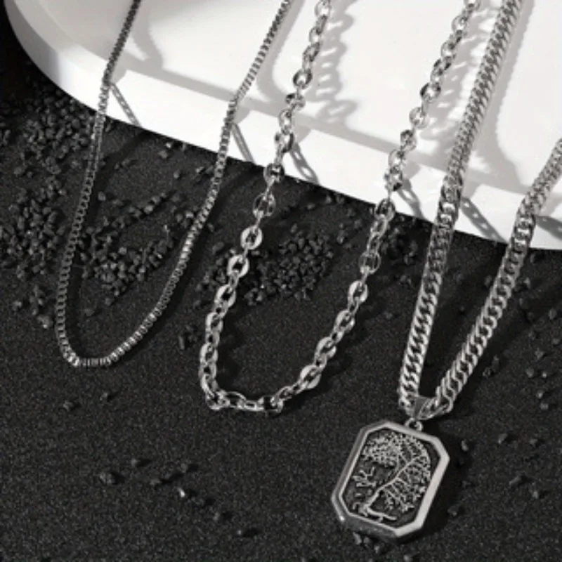 316 Stainless Steel Square Pendant Tree of Life Neckalce Silver Color Multilayer Chains Choker for Women Men Punk Retro Jewelry