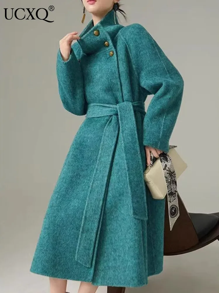 UCXQ Double Sided Wool Thick Coat For Women Stand Collar Button Long Sleeve Lace Up Coats 2025 Autumn Winter New Tide 23Z3761