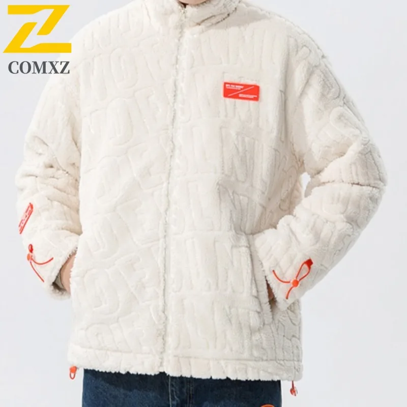 COMXZ 2025 New Men Wool Stand Collar Jacket Letter Print Down Trendy Thickened Loose Warm Winter Wear-Resistant Daily Sport Coat