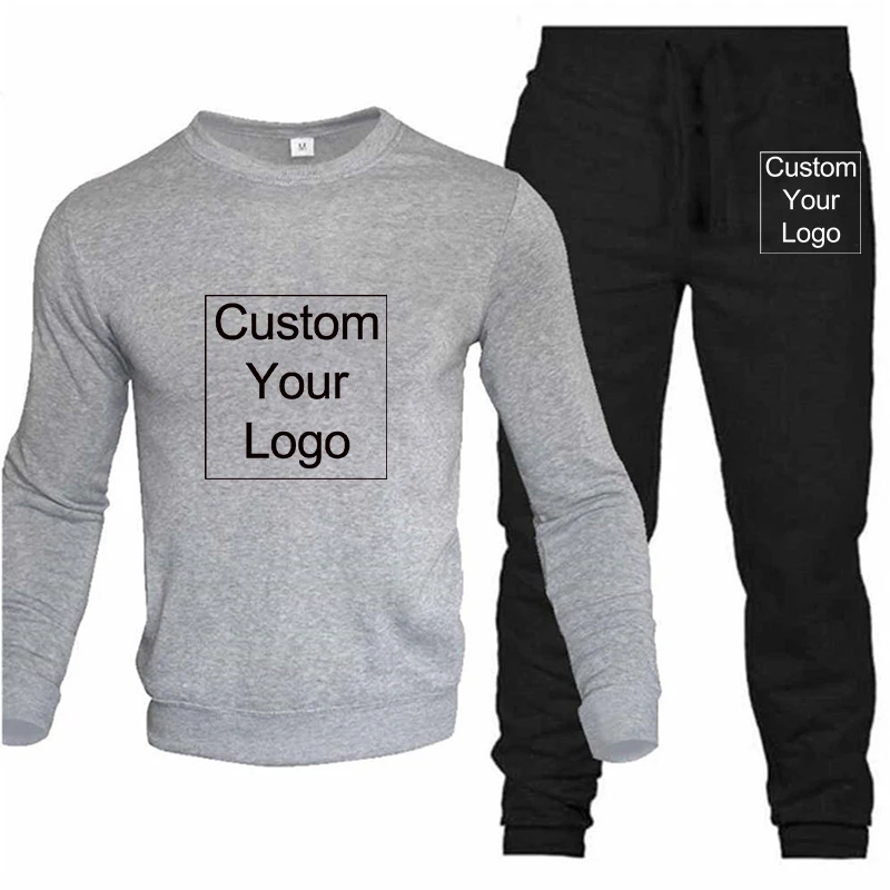 New Custom Logo Solid Color New High-Quality Men's Leisure Sports Round Neck Hoodless Sweater Pullover+Outdoor Running Pants Set