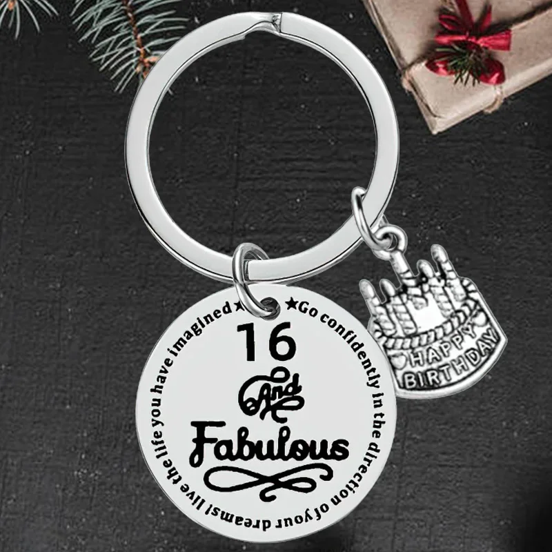 

Cute Lucky Number 16 and Fabulous Keychain Pendant Birthday Cake Key Chains Keyrings Gifts Girls Boys Teens Kids Son Daughter