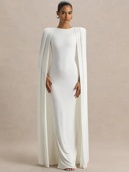 Mozision Cape Sleeve Sexy Maxi Dress Women Gown Elegant Fashion Zipper O Neck High Waist Split Club Party Long Dresses Female 1