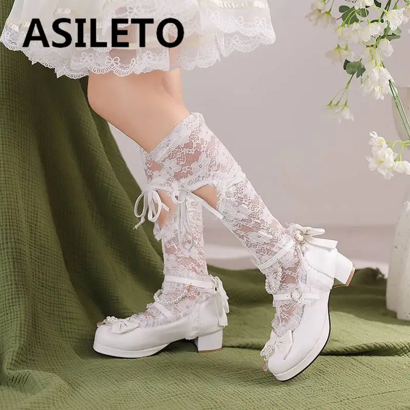 

Женские туфли-лодочки ASILETO с круглым носком на блочном каблуке 5 см, ремешок с пряжкой, бусины в форме банта, Лолита, большие размеры 41 42 43, милая обувь для девочек