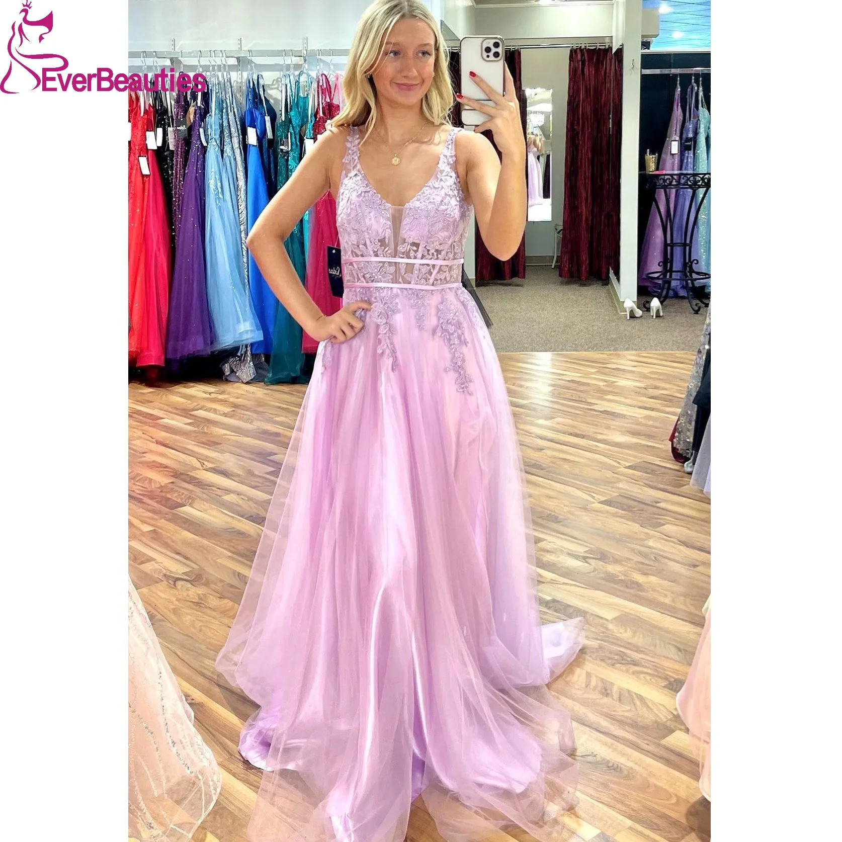 

A Line Tulle Appliques Prom Dress Long 2024 Vestidos De Fiesta Elegantes Para Sexy Backless V Neck Formal Party Dress