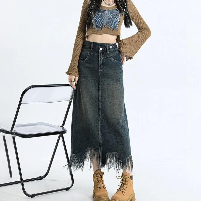 

Женская джинсовая юбка с завышенной талией, с разрезом, средней длины