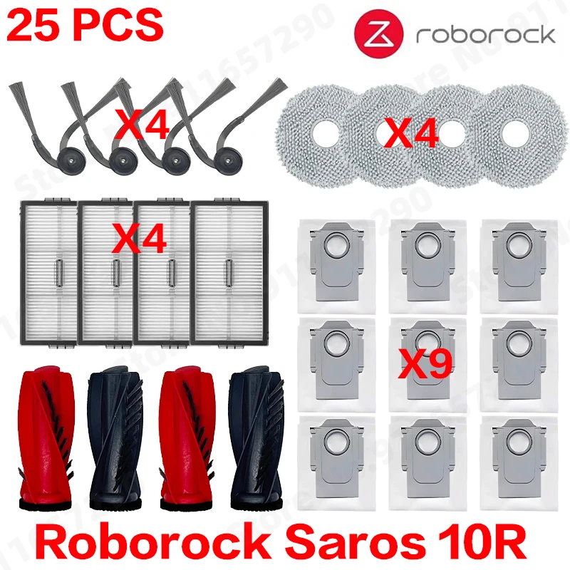 Roborock Saros Vacuum Accessories Kit - Main Brush, Side Brush, HEPA Filter, Mop Cloth, Dust Bag