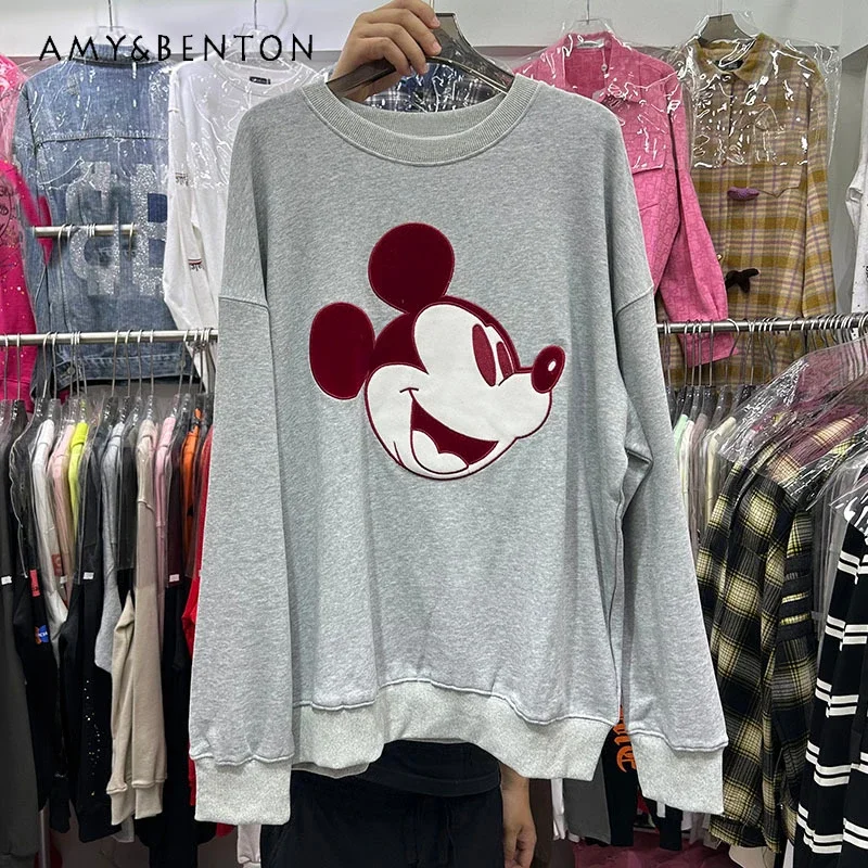 

Potdemiel Cartoon Flocking Embroidered Sweatshirts Long-Sleeved Women's Autumn Pullover Loose All-Match Mid-Length Top Hoodies