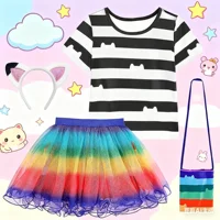Children's Clothing Girls' Gabby Doll House Black White Stripe T-shirt Rainbow Skirt Set Gabby Cats Birthday Party Clothing Set