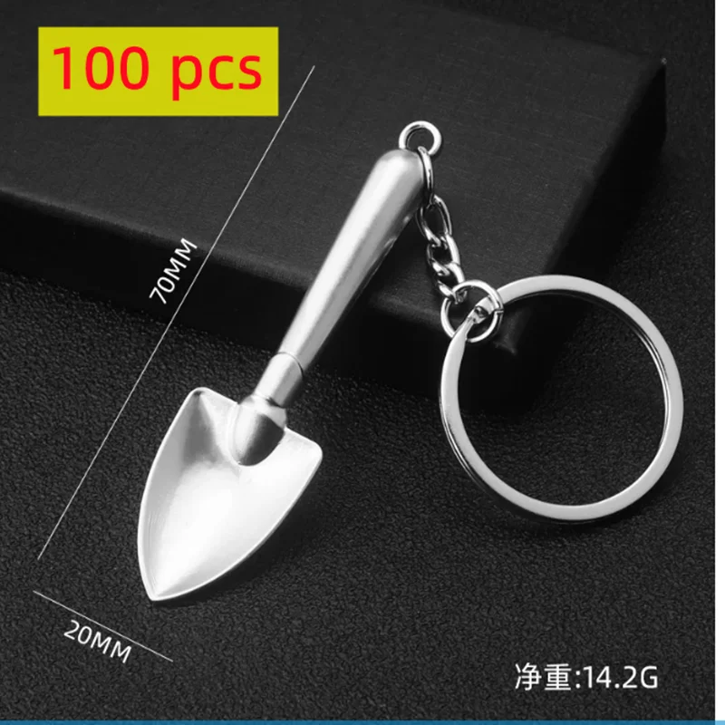 100pcs Novelty Mini Shovel Keychains Metal Spade Keyrings for Promotion Key Chains Keyfob 3D Shovel Metal Souvenir Trinket Tools