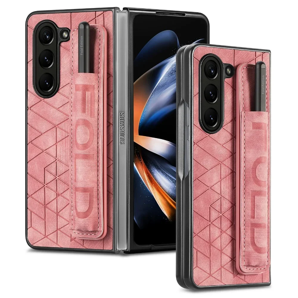 Wrist Strap PU Leather Cover for Samsung Galaxy Z Fold 6 5 4 3 5G Hard PC Phone Case with S Pen Holder & Finger Grip(no Pen) | Gaffar India